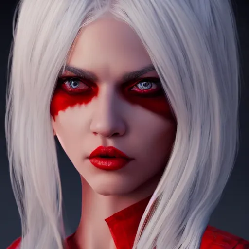 Image similar to a highly detailed portrait of a humanoid demon girl with white hair, red horns, in white clothes, artstation, deviantart, professional, unreal engine 5, photorealistic