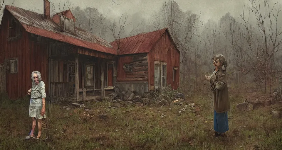 Prompt: single character, ugly old woman with sinister face standing outside old cabin, portrait, dirty clothes, forrest in the background, utopian looking, 80s, moody, hyperrealistic, detailed face, in the style of Simon Stalenhag