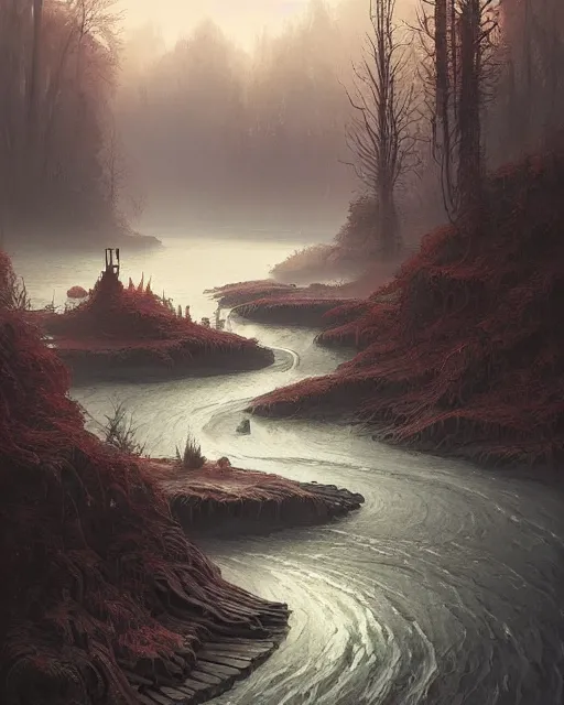 Image similar to professional ominous impressionist painting of a winding river by artgerm and greg rutkowski. an intricate, elegant, highly detailed digital painting, concept art, smooth, sharp focus, illustration, in the style of simon stalenhag, wayne barlowe, and igor kieryluk.