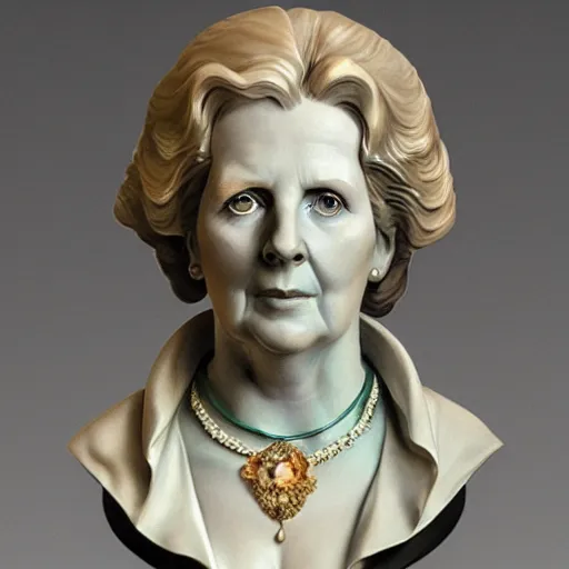Image similar to beautiful lifelike award winning marble statue bust of margaret thatcher trending on art station artgerm greg rutkowski alphonse mucha museum quality cinematic atmospheric