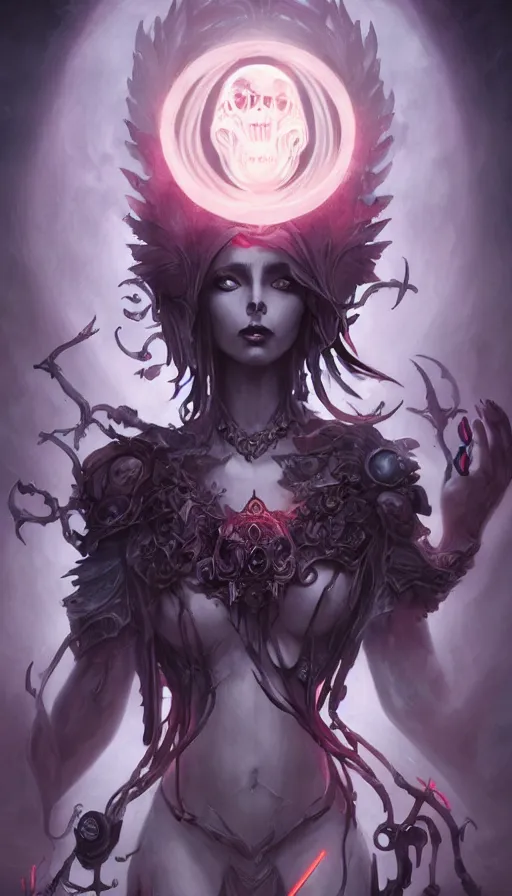 Image similar to goddess of death in the style of nekro, artgerm, wlop, glowing halo, octane render, peter mohrbacher