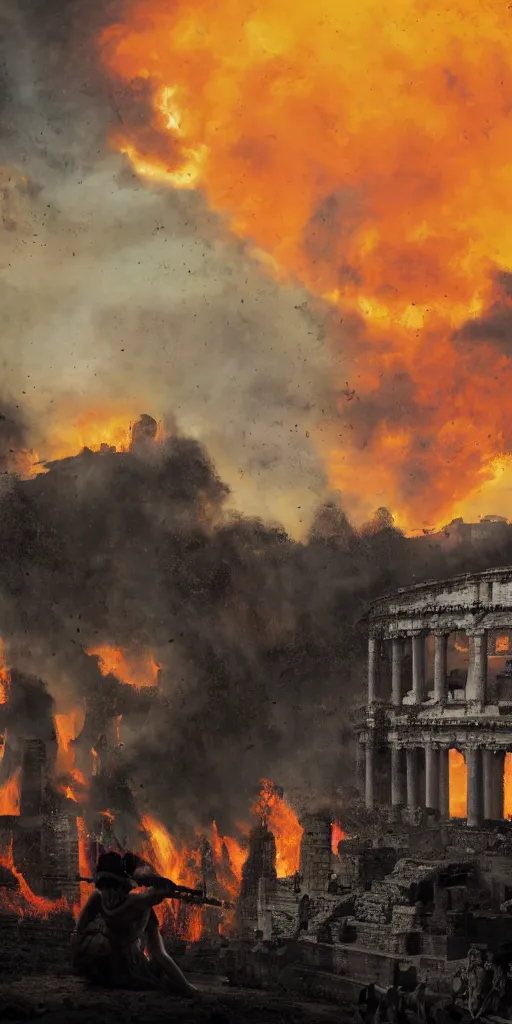 Prompt: black silhouette realistic painting of roman emperor nero as a dwarf playing the flute while roman structures are on fire in background, hyper realistic, 8 k resolution, roman amphitheater and skyline of ancient rome is on fire, red skies, smoke billows over the horizon, cans of spinach are falling from space