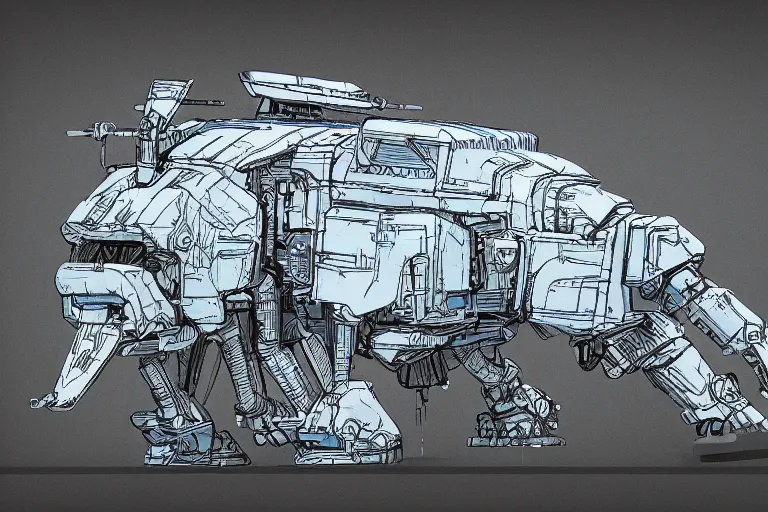 Prompt: schematic blueprint of a mechnoid rhinoceros, photograph!!!, wide angle, drafting board, photorealism, highly detailed, elaborate, octane render, trending on artstation,