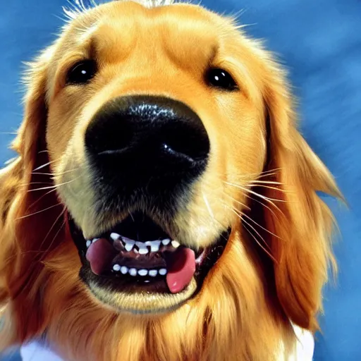 Prompt: a cheerful cartoon photo of a golden retriever who\'s just happy to be here