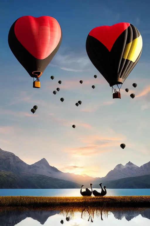 Image similar to Photorealistic photo of two hot air balloons shaped as black swans flying above a reflective mountain lake, touching heads, forming a heart with their necks, beautiful, 8k highly professionally detailed, HDR, CGsociety