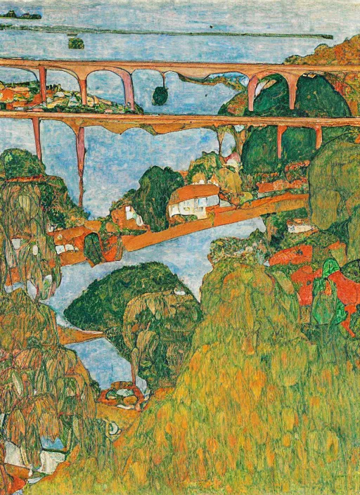 Image similar to tied bridge on local river, 3 boat in river, 2 number house near a lot of palm and eucalyptus and bougainvillea, summer, painting by egon schiele