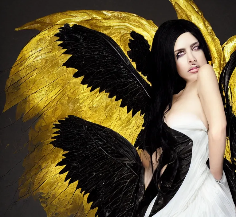 Prompt: An impeccable beauty, Albedo is a woman with lustrous jet-black hair and the face of a goddess. She has golden irises and vertically split pupils; on her left and right temples are two thick horns protruding crookedly, and on her waist are a pair of black angel wings. Albedo wears a pure white dress with silky gloves covering her slender hands and a golden spiderweb necklace that covers her shoulders and chest. In combat, she wears an impressive black full plate armor with a unique helmet and carries a battle-axe with her. Octane Render, Photorealistic Render, Hyper realistic, Noir