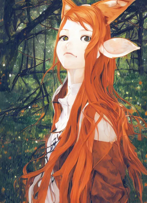 Prompt: illustration by shigenori soejima, girl with fox ears, long wavy orange hair, light brown trenchcoat, forest background, focus on face, pretty, moody lighting, painterly