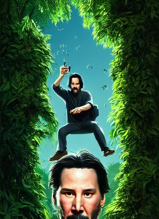 Image similar to highly detailed comedy caper movie poster with keanu reeves hiding in leaves, keanu reeves face inside a leafy bush by greg rutkowski