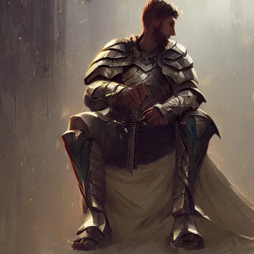 Prompt: 'A human male paladin in chainmail is resting on 1 knee, art by Greg Rutkowski, 4k'