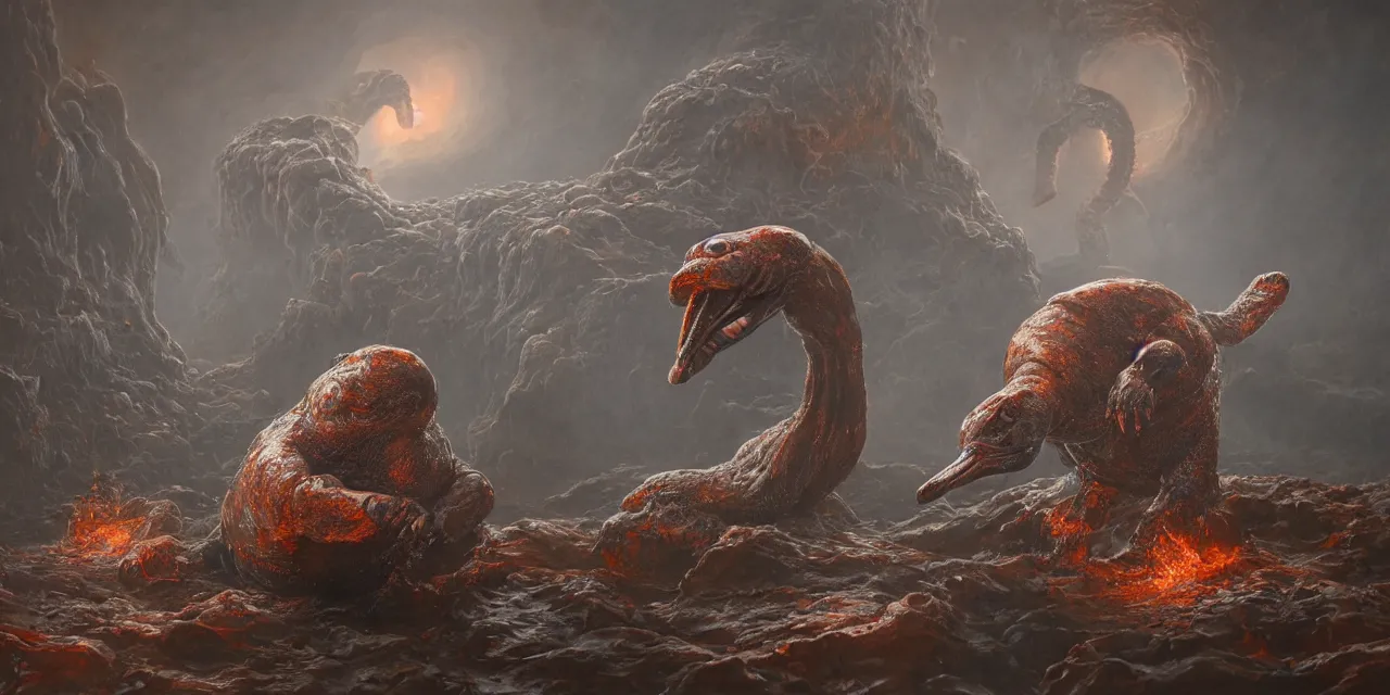 Prompt: hyperdetailed surreal painting of super grotesque platypus in hell , octane render defuse light, detail, 8k, unreal engine, photo realistic ,art style hr giger and beksinski