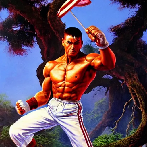 Prompt: ultra realistic painting of forest gump as ryu from street fighter, art by frank frazetta, 4 k, ultra realistic, highly detailed, epic lighting