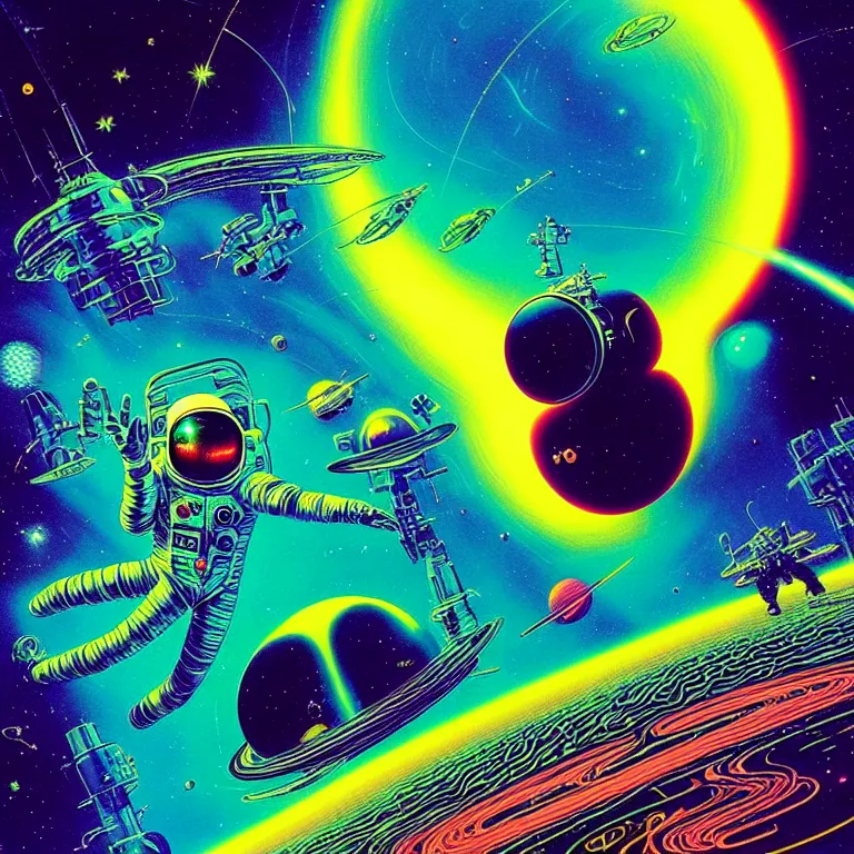 Prompt: astronaut hovering over infinite blackhole, quantum waves, synthwave, bright neon colors, highly detailed, cinematic, tim white, philippe druillet, roger dean, ernst haeckel, lisa frank, michael whelan, kubrick, kimura, isono