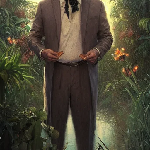 Image similar to full figure ultra realistic illustration, jeffrey wright in garden of eden, simulation, intricate, elegant, highly detailed, digital painting, artstation, concept art, smooth, sharp focus, illustration, art by artgerm and greg rutkowski and alphonse mucha