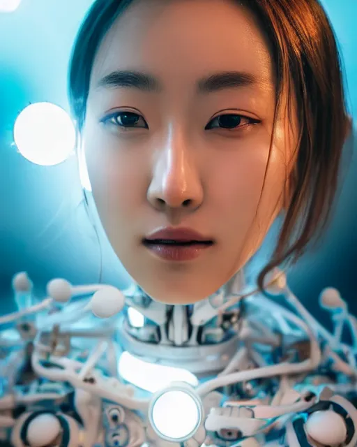 Image similar to beautiful centered photo portrait of hoyeon jung as a solarpunk robotic humanoid with white mechanical parts with bright halogen lights, treading on calm water, ultra - realistic and detailed, sun lit, white background, bokeh, soft focus, slow exposure hdr 8 k