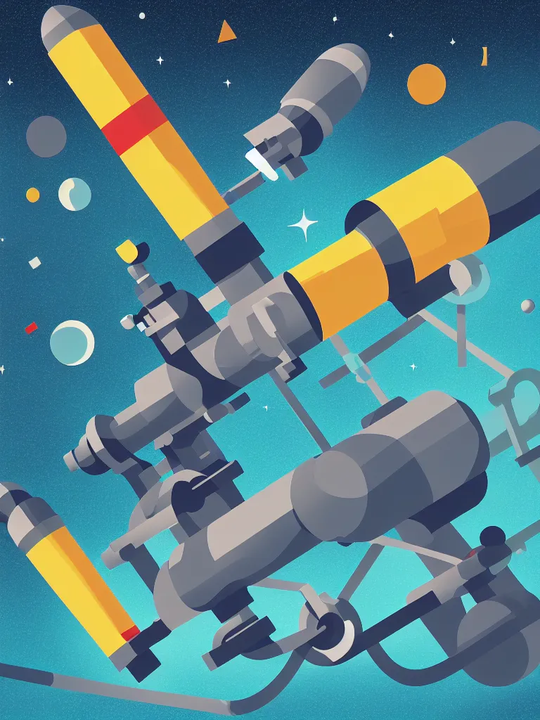 Image similar to editorial illustration scientific lab test tube telescope microscope spaceship, dynamic composition, detailed, matte print, dynamic perspective, colorful modern, mads berg