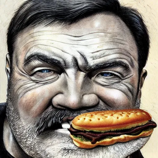 Prompt: portrait of Ernest Hemingway eating a hamburger, with old wrinkly skin and a scruffy beard, very detailed eyes, hyperrealistic, very detailed painting by Glenn Fabry, by Joao Ruas, by Artgerm-n 4