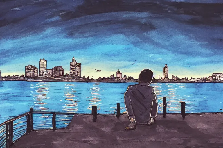 Image similar to A man sitting on a jetty, city in the background, cinematic lighting, copic markers