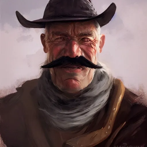 Image similar to portrait old warrior with trucker mustache, 8 k, trending on art station, by tooth wu and greg rutkowski