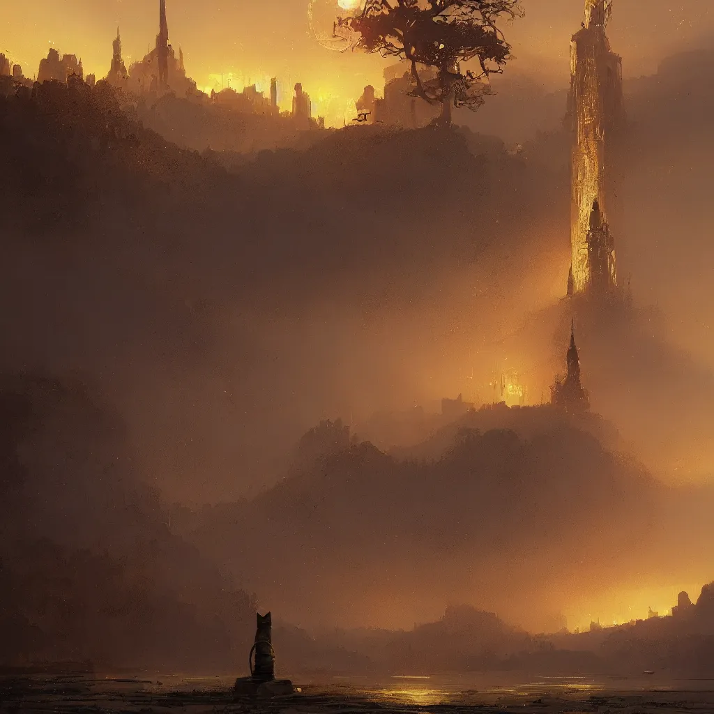Prompt: lake filed with molten gold, volume lighting, cat on for ground and tower on back ground concept art, by greg rutkowski