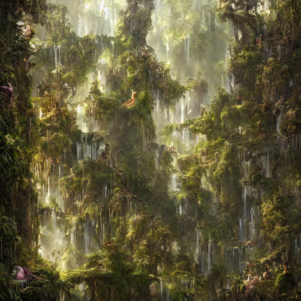 Prompt: fox in a fairy palace, castle towers, sunbeams, gothic towers, Japanese shrine waterfall, gold and gems, gnarly details, lush vegetation, forest landscape, painted by tom bagshaw, raphael lacoste, eddie mendoza, alex ross concept art matte painting