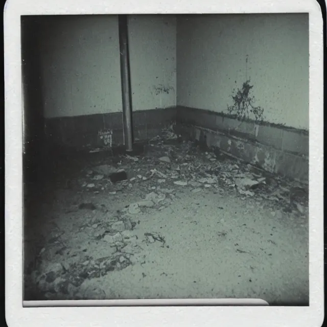 Image similar to found polaroid photo, flash, interior abandoned hospital, mutant creature standing