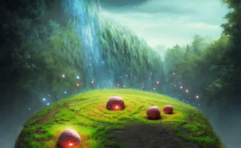 Prompt: magic : the gathering fantasy concept art of excited riceballs with excited expressions bouncing down a mountain path, by marco bucci, high resolution, the riceballs are bouncing up and down and leaving a trail of rice seeds behind them, fantasy coloring, intricate, digital painting, artstation, smooth, sharp focus