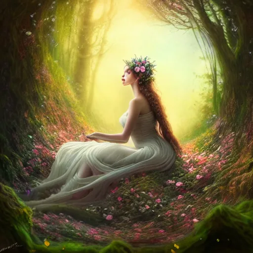 Image similar to a picture of a beautiful woman clothed in flowers and leaves sitting overlooking an enchanted forest, high fantasy, elegant, epic, detailed, intricate, digital painting, concept art, realistic detailed face, smooth, focus, rim light, detailed 8 5 mm f / 1. 4, anamorphic lens,