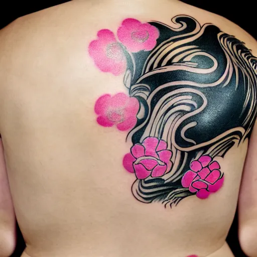 Image similar to photography of the back of a woman with a black detailed irezumi tatto representing a gold tiger with pink flowers on her entire back, mid-shot, editorial photography