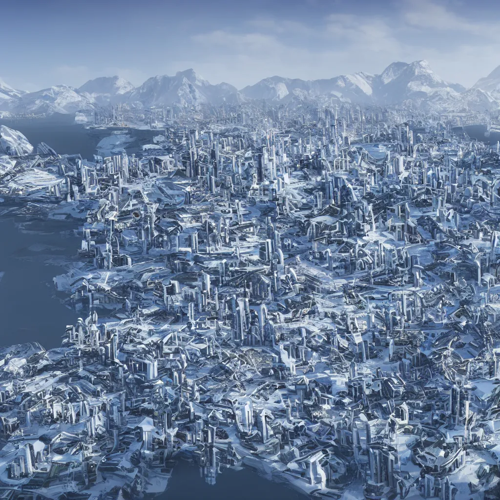 Image similar to A small coastal city near some snow-capped mountains, sci-fi, 8k photorealistic, close-up photo, futuristic architecture