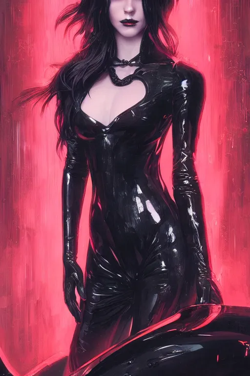 Image similar to Portrait of beautiful pale cyberpunk gothic girl in black latex, red lighting, intricate, elegant, highly detailed, digital painting, artstation, concept art, smooth, sharp focus, illustration, art by artgerm and greg rutkowski and alphonse mucha