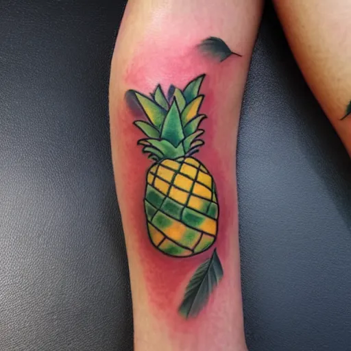 Image similar to a ripe luscious pineapple tattoo on an arm that's also edible. high resolution, 3 d, ue 5.