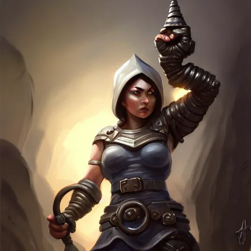 Image similar to muscular female gnome engineer artificer, metal gauntlet, short black hair, naval landscape, full body portrait, d & d, fantasy, intricate, elegant, highly detailed, digital painting, artstation, centred, rule of thirds, concept art, matte, sharp focus, illustration, cover by artgerm, art by greg rutkowski