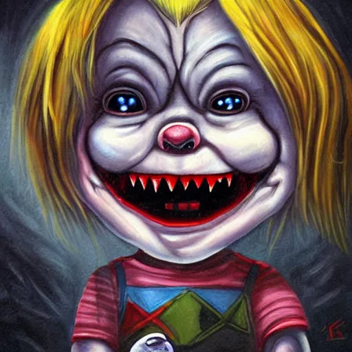 Image similar to dark fantasy painting of chucky by jeremiah ketner | horror themed | creepy