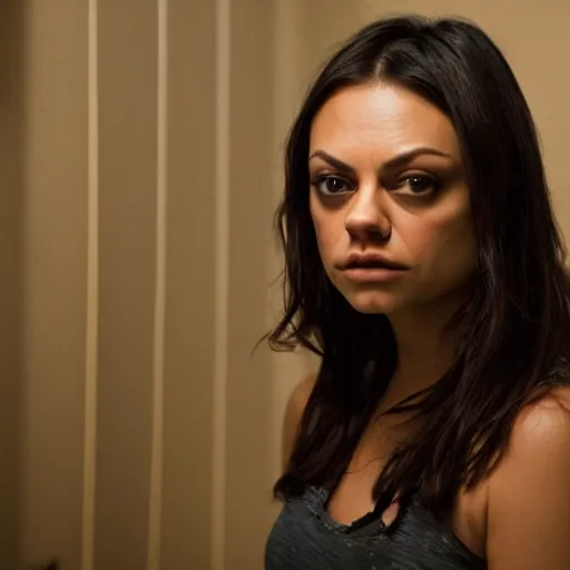 Image similar to Mila Kunis in an indie slasher movie, movie still, XF IQ4, f/1.4, ISO 200, 1/160s, 8K, RAW, unedited, symmetrical balance, in-frame, sharpened