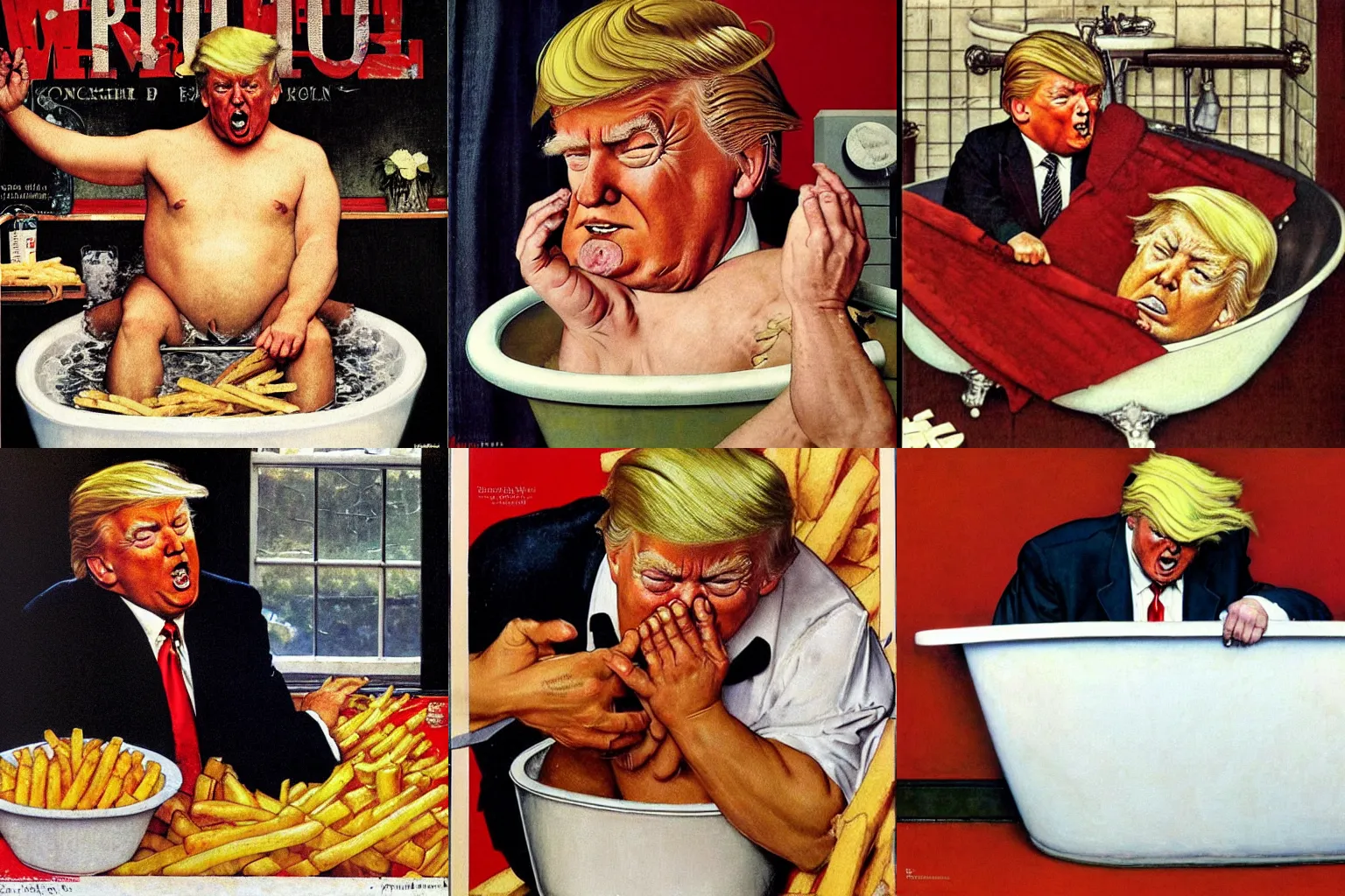 Prompt: Norman Rockwell painting of Donald Trump, wearing a suit, crying while laying in a bathtub full of French fries. He is too big for the bathtub and is struggling to fit.