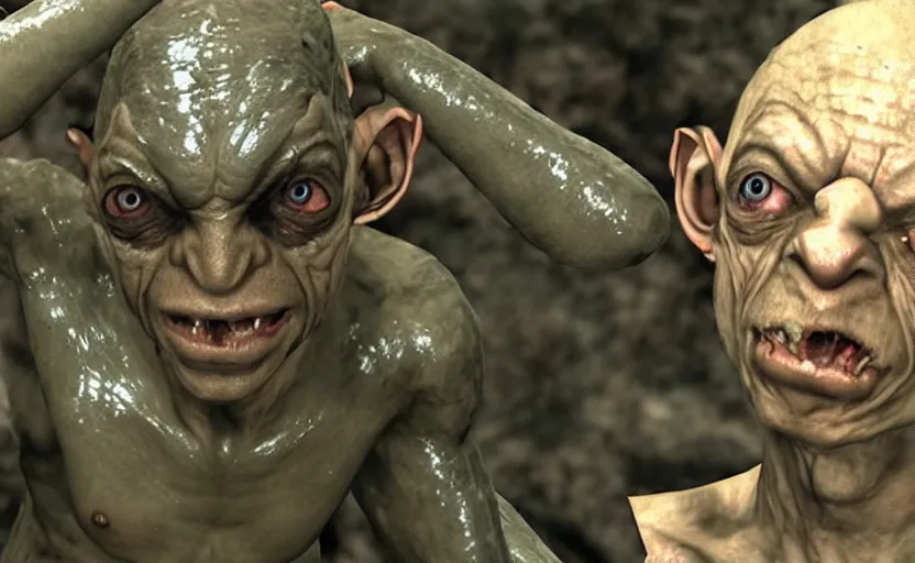 Image similar to a screenshot of gollum in metal gear solid 3,