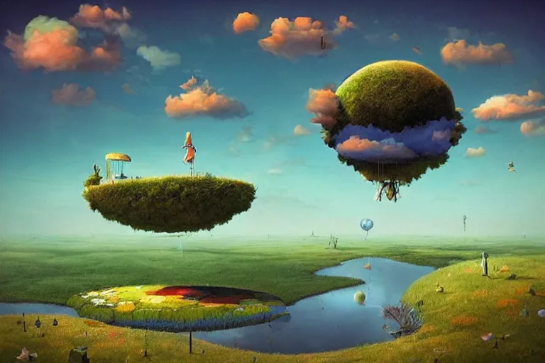 Prompt: surreal glimpse into other universe, floating island in the sky, summer morning, very coherent and colorful high contrast, art by!!!! gediminas pranckevicius!!!!, geof darrow, dark shadows, hard lighting