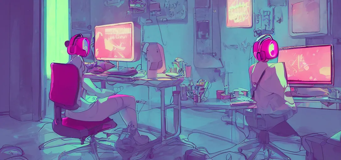 Prompt: a blond woman, pink cat-ear-headphones, sitting in front of computer, gamer, computer nerd, cute room, neon lights, gamer aesthetic, lofi vibes, strong crisp lineart and flat color, by ilya kuvshinov, krenz cushart, Greg Rutkowski, trending on artstation