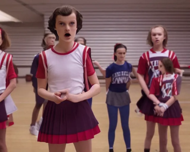 Prompt: eleven from stranger things dressed as a middle school cheerleader, practicing with the squad, cdx