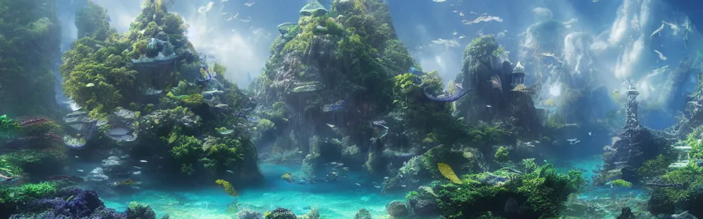 Image similar to a ultra realistic cg rendering of underwater wonderland, dream, magnificent palace, serene landscape, by yoshitaka amano ， unreal engine ， 4 k resolution,