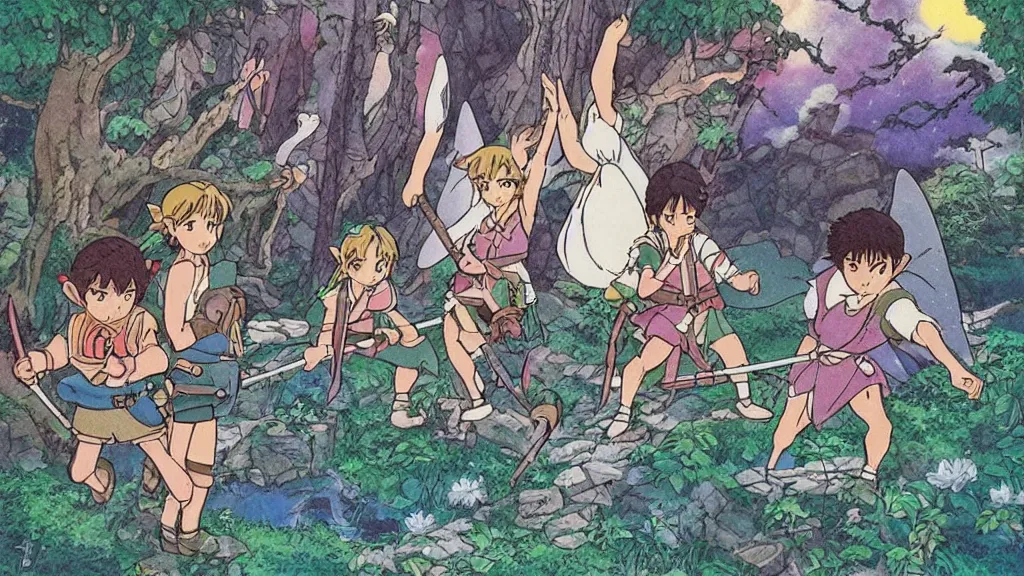 Image similar to 1 9 8 0 s “ studio ghibli ” anime featuring “ link ” with a fairy and “ princess zelda ” fighting against monsters in a dungeon labyrinth.