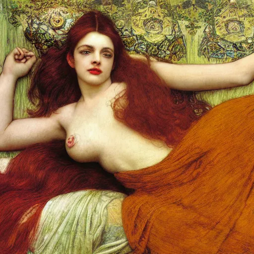 Image similar to preraphaelite photography reclining on bed, a hybrid of judy garland and a hybrid of lady gaga and anne hathaway, aged 2 5, big brown fringe, wide shot, yellow ochre ornate medieval dress, john william waterhouse, kilian eng, rosetti, john everett millais, william holman hunt, william morris, 4 k