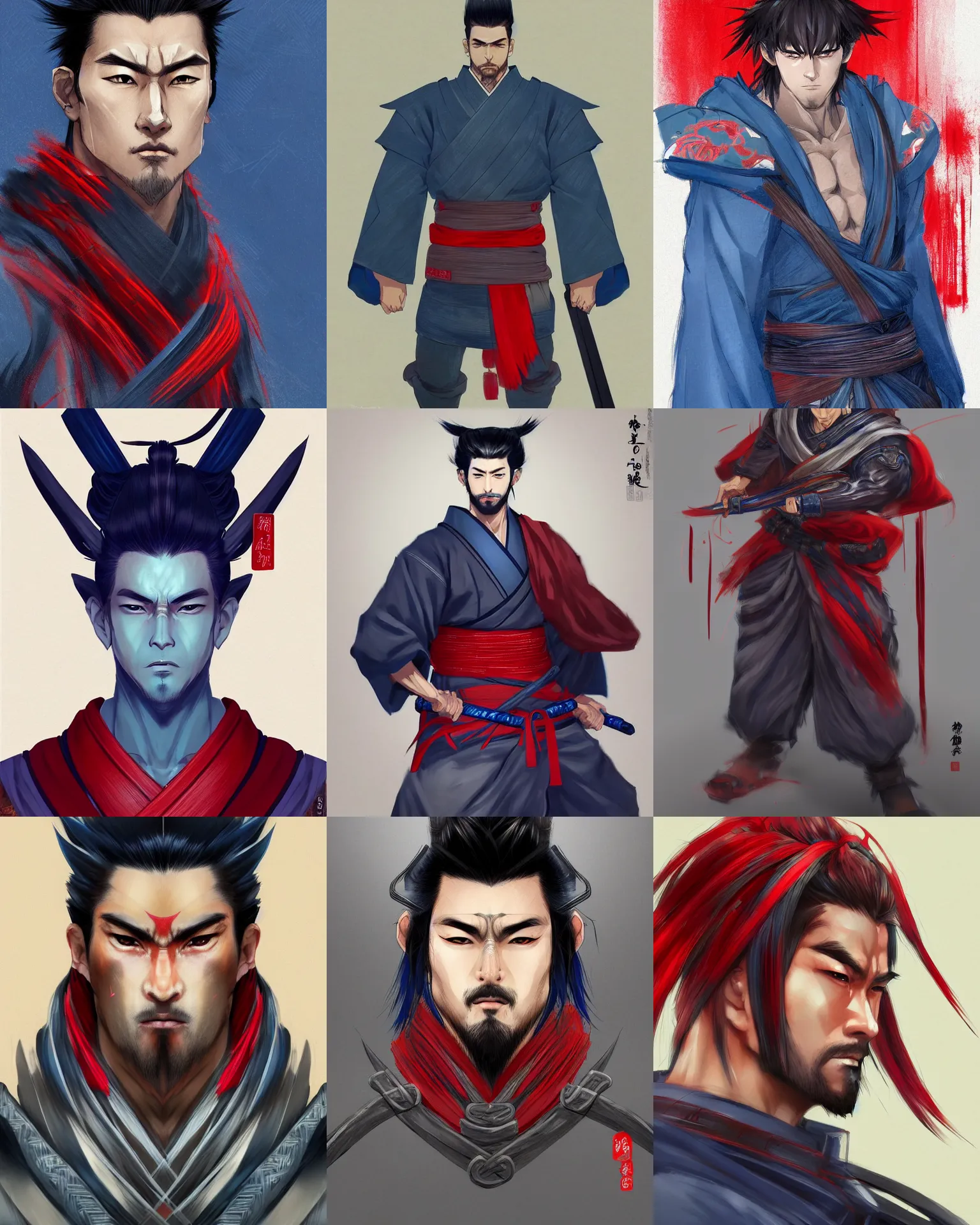 Prompt: full length portrait of a handsome and muscular japanese ronin, square masculine facial features, short messy hair, wearing a haori, by wlop, anime style, extremely detailed shading, blue and red color palette, concept art, digital painting, trending on artstation, cinematic, vibrant colors