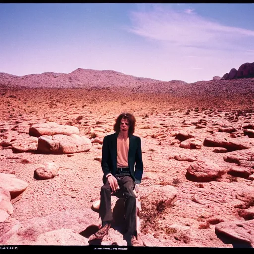 Image similar to mick jagger in a dry rocky desert landscape, visible sky and sunny atmosphere, fata morgana by alejandro jodorowsky, anamorphic lens, kodakchrome, 8 k -