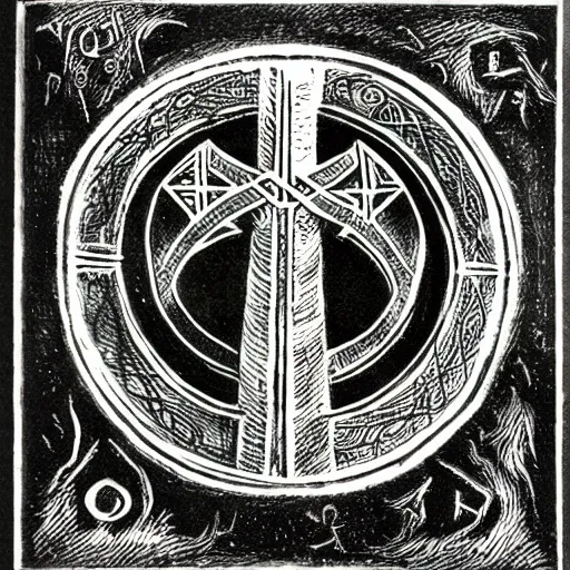 Prompt: magic sword iconography old occult runes intaglio etching engraving alchemy ink witchcraft