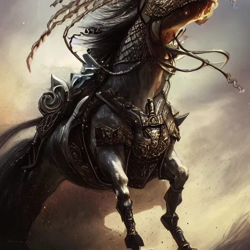 Prompt: Horse, Anthropomorphized, as warlord general on skull throne, magic the gathering artwork, D&D, fantasy, cinematic lighting, centered, symmetrical, highly detailed, digital painting, artstation, concept art, smooth, sharp focus, illustration, volumetric lighting, epic Composition, 8k, art by Akihiko Yoshida and Greg Rutkowski and Craig Mullins, heroic pose, oil painting, cgsociety, Battlefield background, explosions, arrows