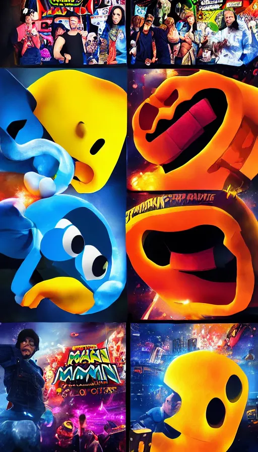 Image similar to pac man live action movie poster concept art, 8 k photorealistic, hd, high details, trending on artstation