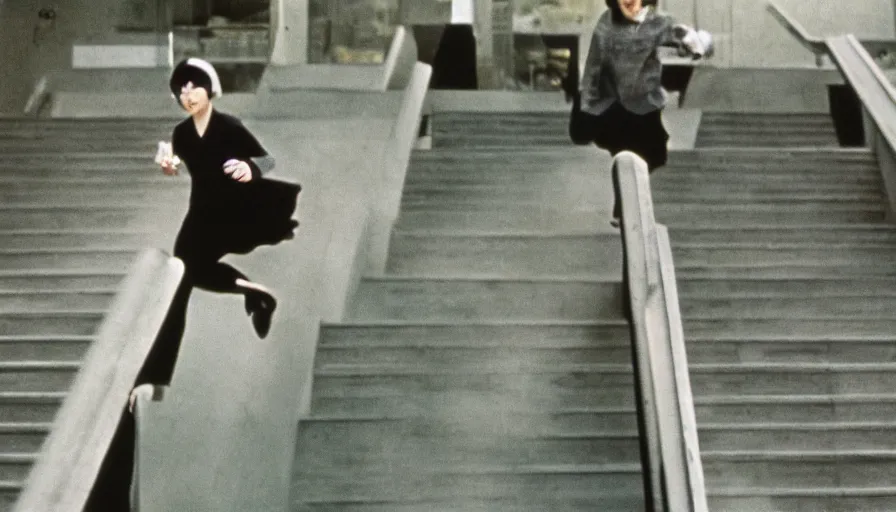 Image similar to 60s movie still of a white japanese female phantom running in infinite stairs, eastmancolor, heavy grain, high quality, higly detailed, liminal space