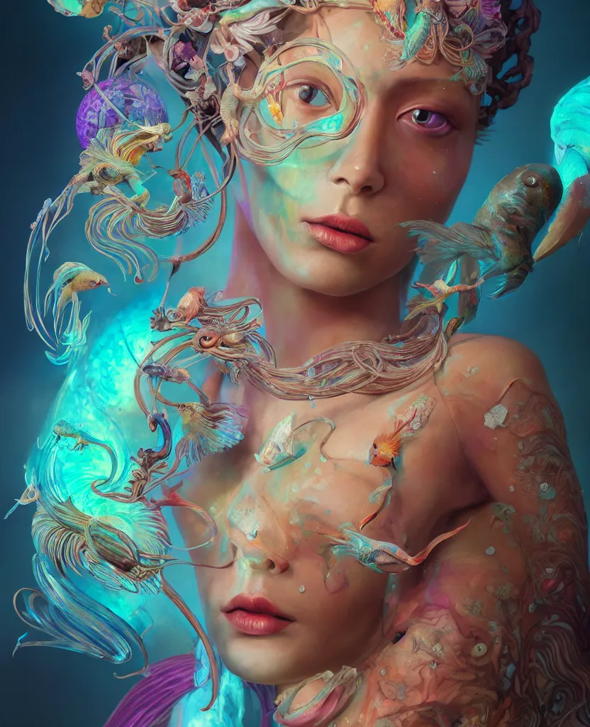 Image similar to goddess full color painted acryllic sculpture close-up portrait. orchid bird phoenix head, nautilus, skull, betta fish, bioluminiscent creatures, intricate artwork by Tooth Wu and wlop and beeple. octane render, trending on artstation, greg rutkowski very coherent symmetrical artwork. cinematic, hyper realism, high detail, octane render, 8k